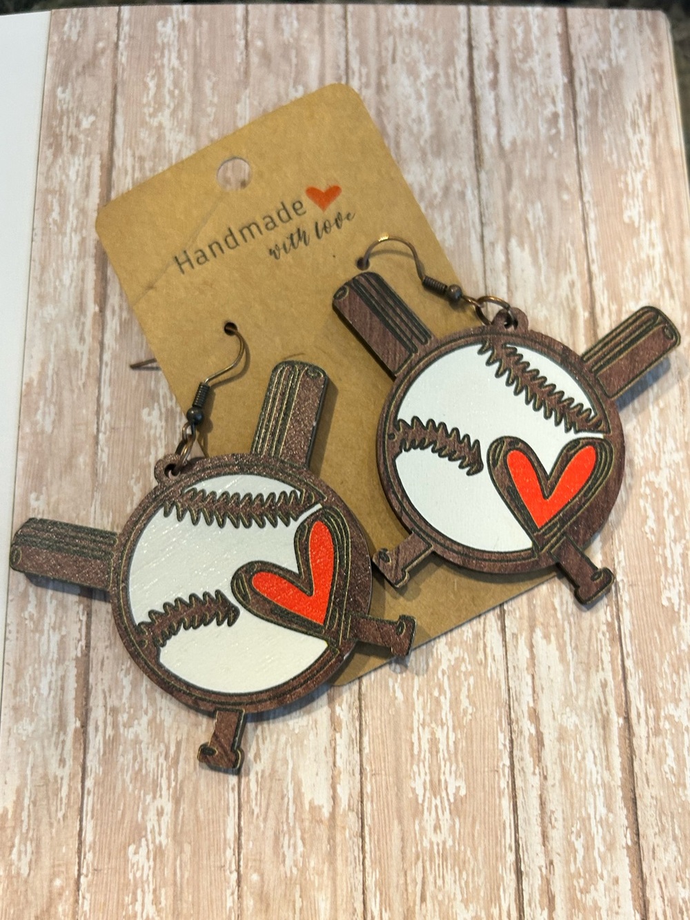 Baseball & Heart Wooden Dangle Earrings - White and Red